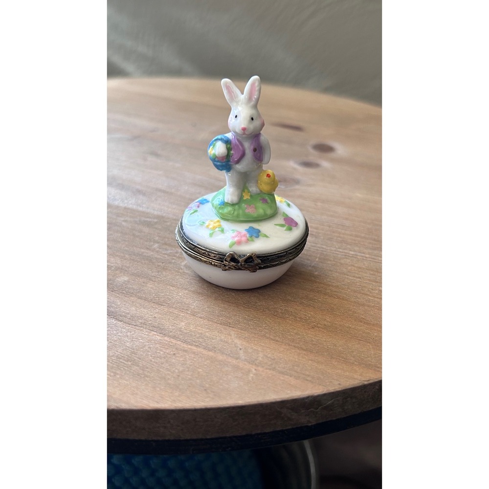 Easter Bunny Rabbit Porcelain Hinged Trinket Box Vintage Figurine with Chick